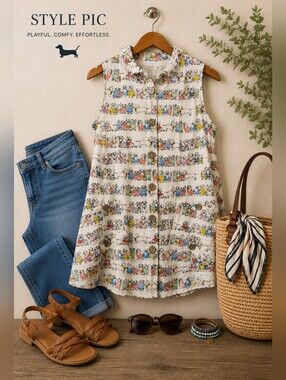 John Mark Sleeveless Tunic Top – Dachshund Print, Button Front